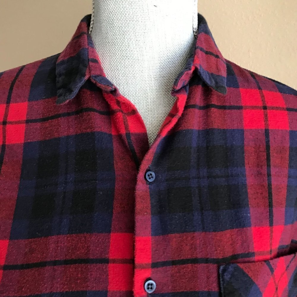 Zara Red & Blue Plaid Flannel Button Down Shirt 3/4 Sleeves - Small - Picture 2 of 5